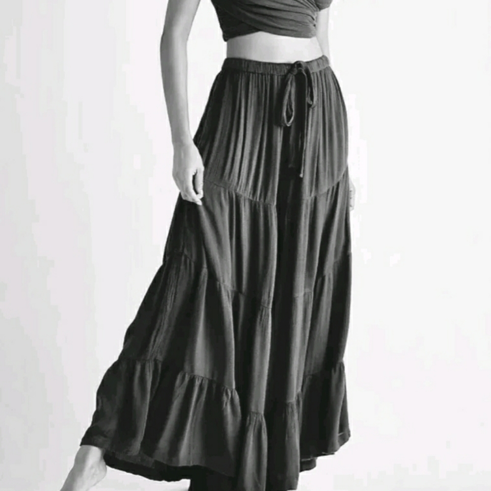 NWOT Free People Pant Ribbed Knit Tiered Ruffle Wide Leg Tie Drawstring Black L